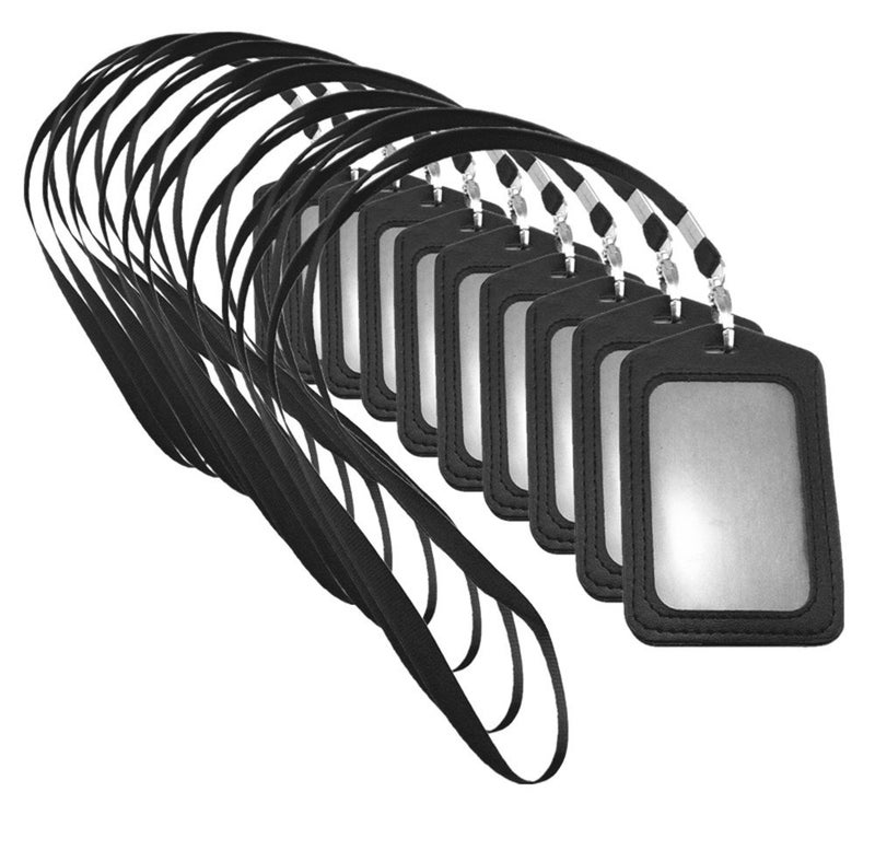 yueton 10pcs Vertical Style Leather Business ID Badge Card Holder, Name Card Business Card Holder Tag with Long Neck Strap Band Lanyard (Black) - Image 1
